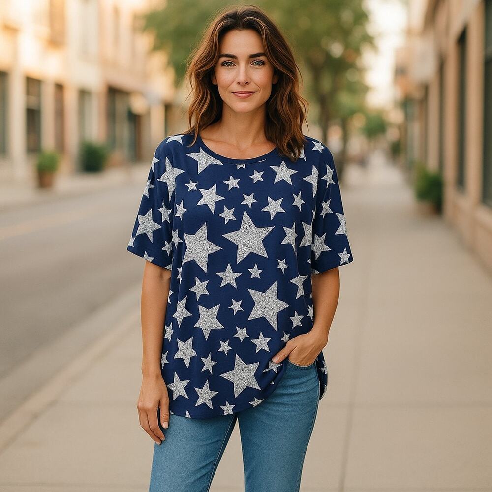 LuLaRoe Womens Top Size Small Irma Blue White Stars Patriotic Altered Tunic‎ NEW